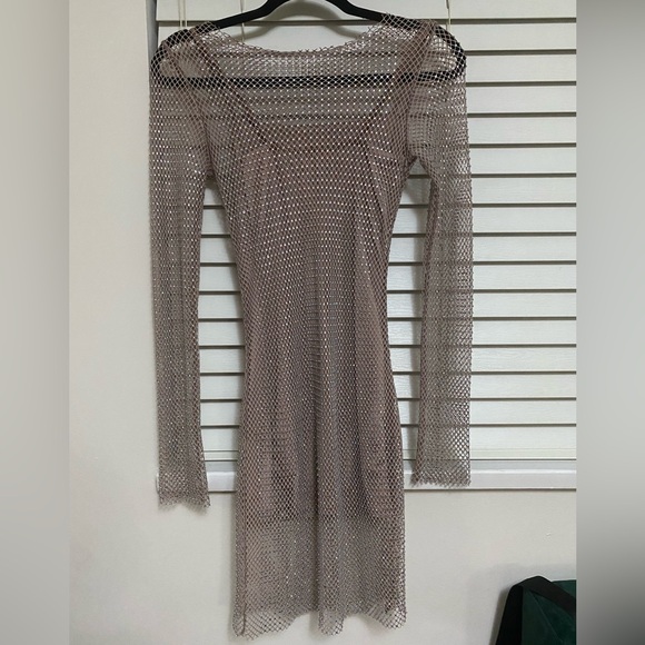 Beige Dynamite Mini Dress With Slip and rhinestone Netting - Picture 4 of 8